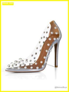 Women's Pointed Toe High Heel Pumps Pearl Studded Clear PVC 4.3" Stiletto Party